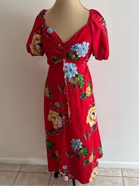 Bright Red Floral Midi Dress with Ruched Front and Puff Sleeves